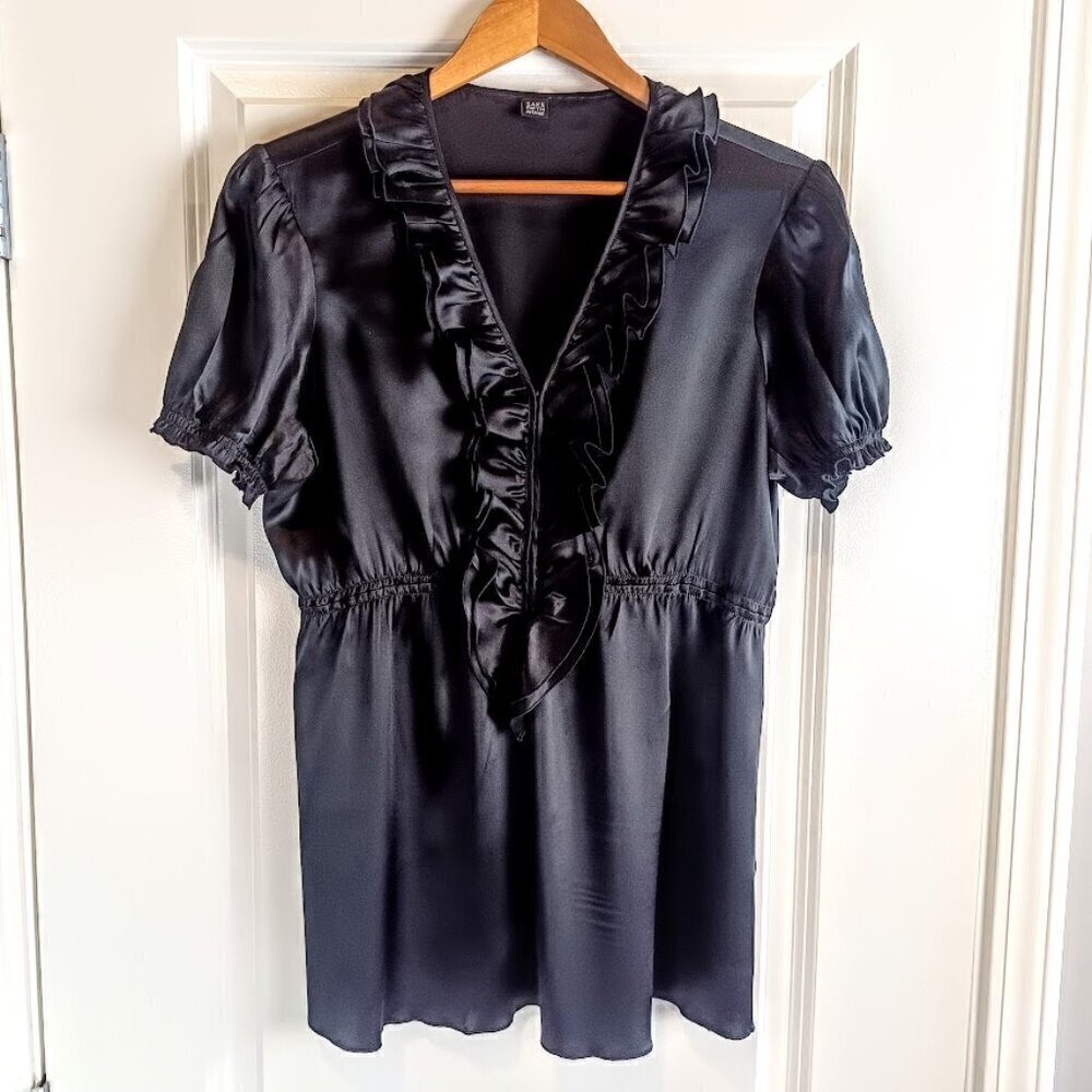 Saks Fifth Avenue Black Silk Charmeuse Ruffle Collar Top